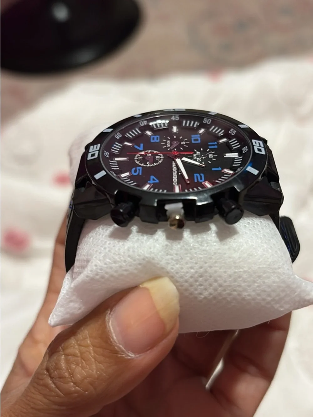 Black Sport Chronograph Watch with Blue Numerals